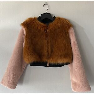 Shaci Blue Faux‎ Fur Belfast Jacket Women's Size Small Y2K Look Crop Zip Boho